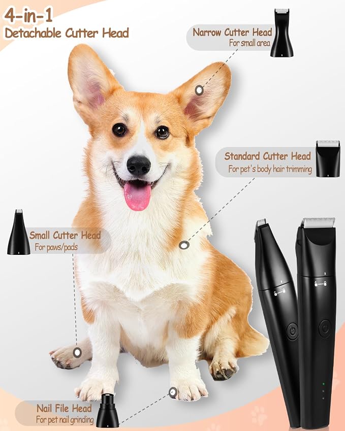 4-in-1 Dog Grooming Kit Low Noise Snag Free Cutting for Cats Dogs | Rechargeable Cordless, Rinsable Blade ,4-in-1 Electric Clipper & Foot Trimmer with Nail Grinder and Curved Blade Head