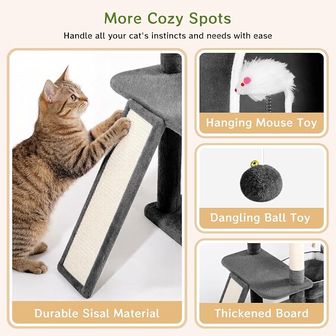 89 inch Cat Tree Tower - Extra Tall Multi-Level Cat Furniture with 2 Cozy Condos, Natural Sisal Scratching Posts, Plush Perches and Hammock for Large Indoor Cats (Black)