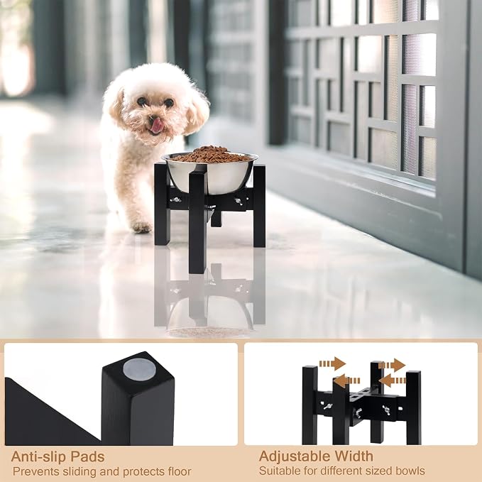 Elevated Dog Bowl Stand Adjustable Dog Food Holder 7”H Small Black | 7” Elevated Dog Bowl Stand, Small Dogs, Adjustable, Fits 6”-8” Bowls, Single Bowl Holder, Natural Bamboo, Classic Black