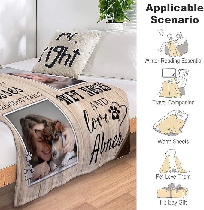 Artsadd Personalized Dog Blanket with Photos & Pet Name, Custom Dog Memorial Blanket and Throws for Remembrance, Customized Puppy Blanket, Dog Gifts for Pet Dog Lovers, Dog Mom Gifts for Women Xmas X