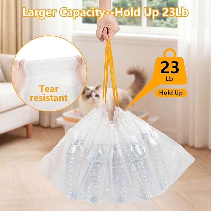 Litter Box Bags for PetPiv.o AutoScooper 11/12, 25.19x11.8in, 100 Count | Unscented, Drawstring “Pull & Lift" Cleanup, Extra Thick and Prevent Leaks, 9-10 Gallon Capacity for Multi-cat Households