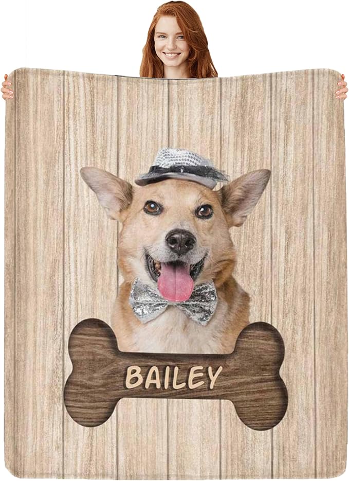 Artsadd Personalized Dog Memorial Blanket with Photos & Pet Name, Custom Dog Blanket, 50x60 inches, Fleece, Single Layered, Striped, Adult Size, Dog Mom Gifts