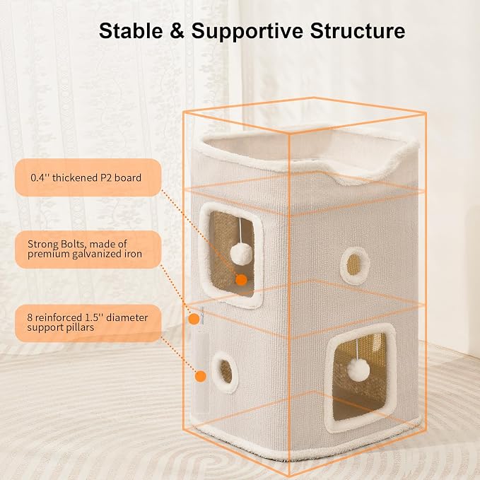 Cat House, Cat Beds for Indoor Cats, 2-Story Cat Condo Cube | Cat Bed Cave with Scratch Pad and Fluffy Ball Hanging, Multi-Level Cozy Hideout Center Ideal for Small/Medium Cats