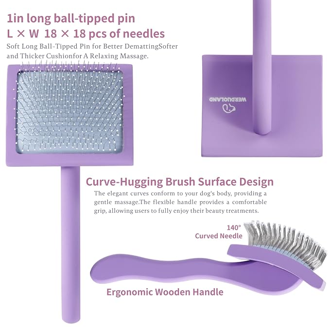 Purple Slicker Brush Long Haired Dog Wooden Handle Coated Pins | Skin-like non-slip coating, odor-free.Pins come with protective rounded tips, Ergonomic Slicker brush for long-haired dogs,