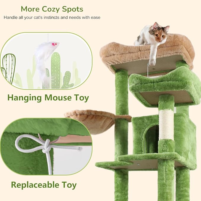 68 Inches Multi-Level Large and Tall Cat Tree Tower for Indoor Cats/Removable Pad/Cat Condo/Sisal Scratching Posts/Hammock/Cat Activity Center/Wide Base Green
