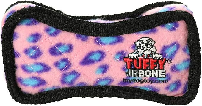 TUFFY - World's Tuffest Soft Dog Toy - Junior Bone -Squeakers -Multiple Layers. Made Durable, Strong & Tough.Interactive Play(Tug, Toss & Fetch). Machine Washable & Floats (Pink Leopard, Bone2 2 Pack)