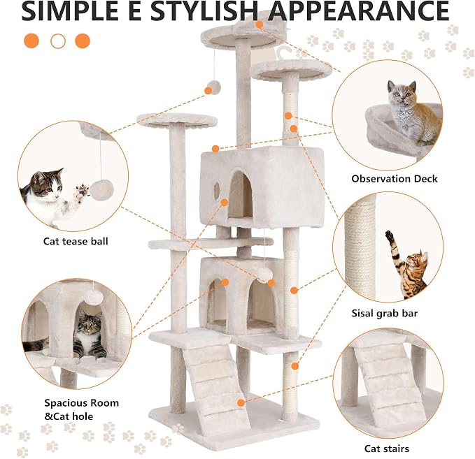 70 Inch Beige Cat Tree, Tall Cat Tower with 2 Condos, 3 Scratching Posts, Multi-Level Platforms - Sturdy Climbing Structure Tall Cat Tower for Indoor Cats