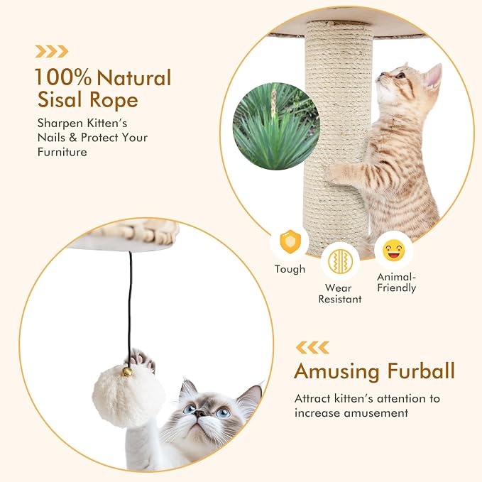28-inch Modern Cat Tree, Small Cute Cat Tower Sisal Scratching Post, Hand-Made Wicker Condo and Top Perch, Interative Dangling Ball, Ideal for Indoor Cats