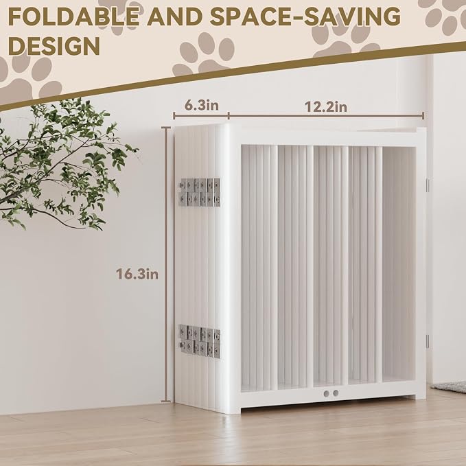 Snuowu 16" Freestanding Short Dog Gate for Small Dogs – Foldable & Retractable, Expands Up to 96" Wide, 8-Panel Pet Barrier for Doorways, Stairs & Hallways (White)