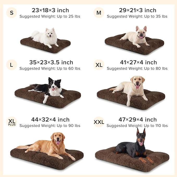 JOEJOY Large Dog Bed Crate Pad, Deluxe Plush Washable Dog Beds Fulffy Soft Kennel Pad Anti-Slip Pet Sleeping Mat for Large Medium Small Dogs, 35" x 23", Brown