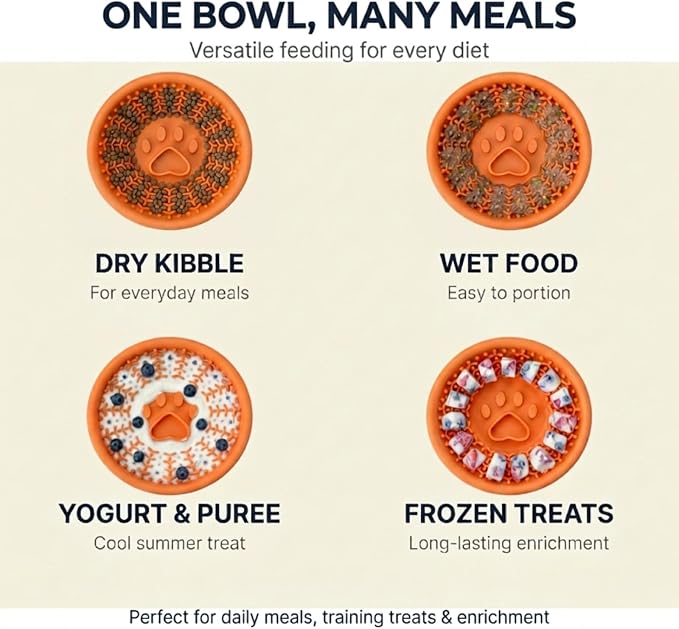 Dog Slow Feeder Lick Bowl to Prevent Fast Eating, Steel Reinforced Rim, Non-Slip Suction Base, BPA-Free Silicone, Dishwasher & Freezer Safe, Helps Extend Mealtime & Keep Dogs Calm(Orange)