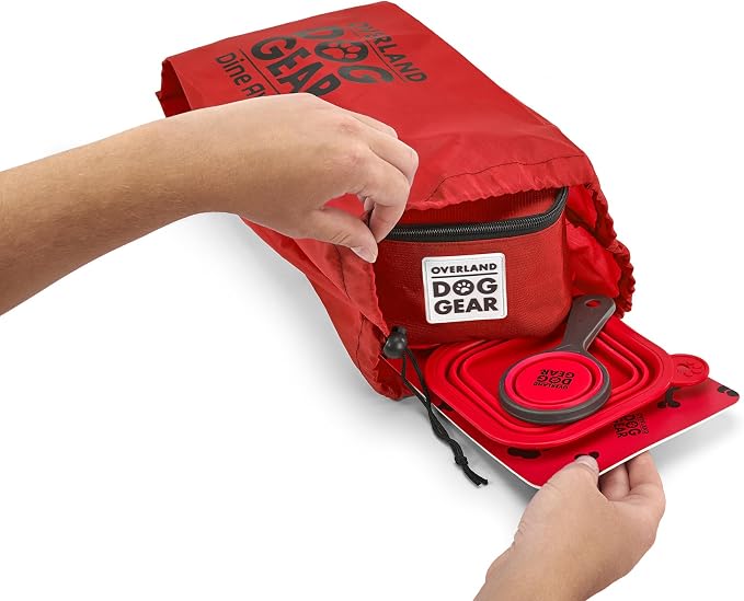 Mobile Dog Gear, Dine Away Dog Travel Bag for Medium and Large Dogs, Includes Lined Food Carriers and 2 Collapsible Dog Bowl, Collapsible Scooper and Placemat, Red