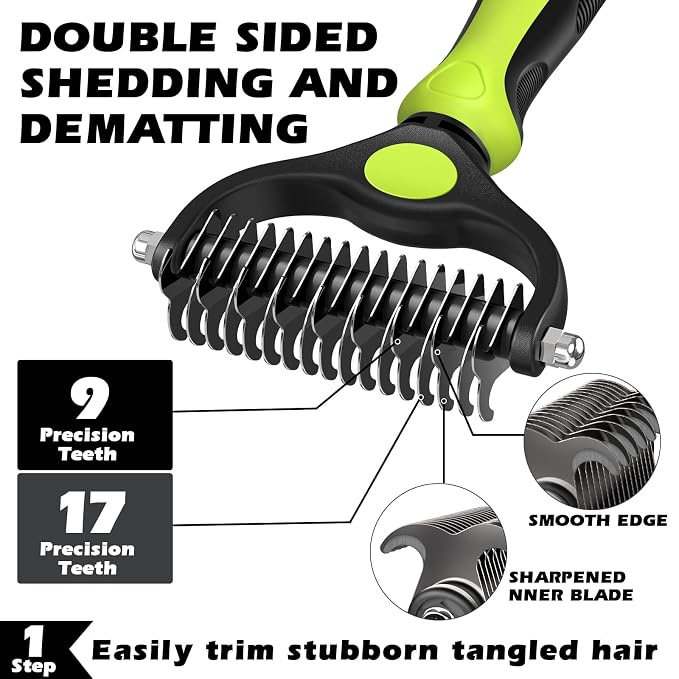 Professional 3PCS Self Cleaning Slicker Brush & Pet Grooming Rake & Flea Comb for Dogs,Cats and Horses | Double-Sided Dematting Comb & Skin Friendly Deshedding Grooming Tool | Pet Supplies (Green)
