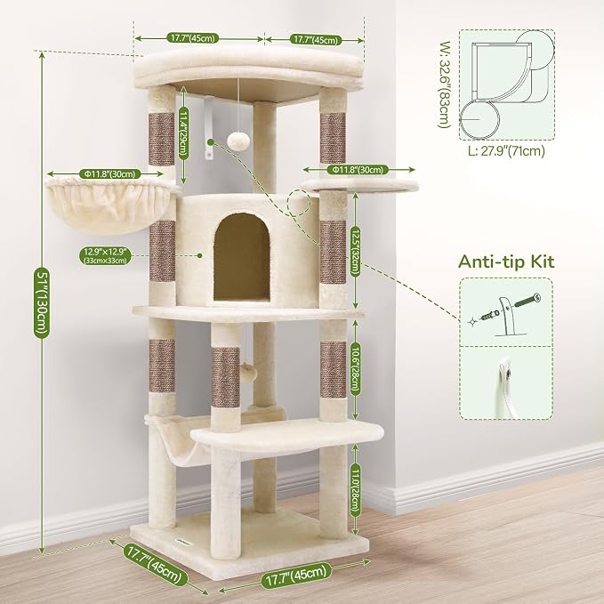 Globlazer Corner Stable Cat Tree Tower with Scratching Post, C51, Beige | 51in Space-Saving Multi-Level Cat Condo for Indoor Cats with Hammock, Large Top Perch for Large Cats, Cozy Cat Cave