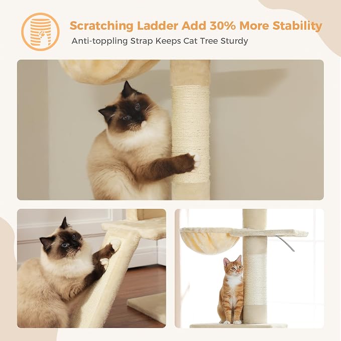 PEQULTI Floor to Ceiling Cat Tree, Adjustable 83-108in 5-Level Tower, Beige | Tension-mounted tall cat tower with 5 levels, cozy condo, hammock & sisal scratching post; wide base for indoor adult cats