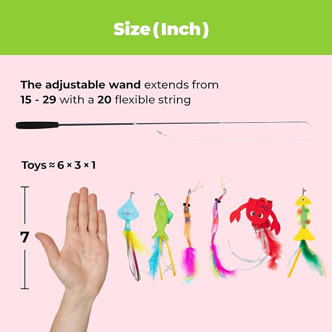 Catify Meow Chase Playset, Retractable Cat Wand Toy with 6 Feather Teaser Cat Toys Attachment, Flexible Cat Teaser Wand for Indoor Cats and Kittens, Cat Fishing Pole Style Toy for Exercise and Bonding