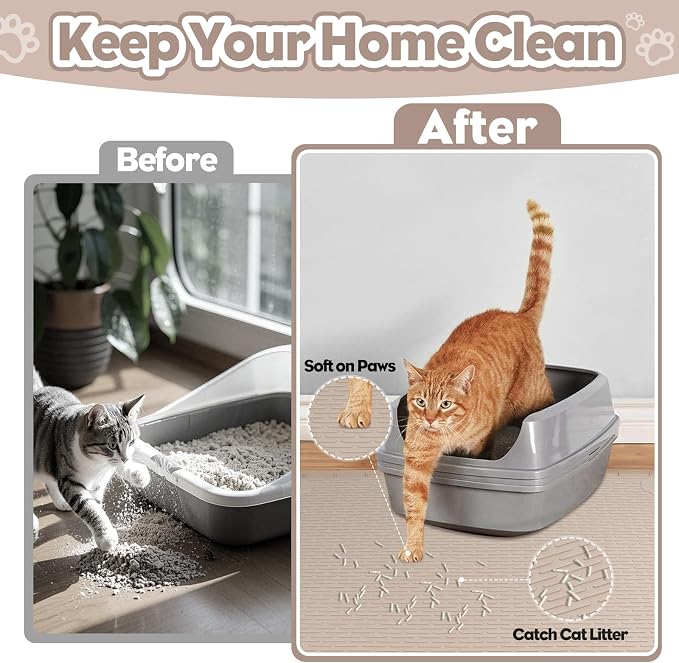 Silicone Cat Litter Mat for Litter Box 40”x28” Large Cat Mat, Khaki | Waterproof, Non-Slip, Leak-Proof Rug Mat with Lip, Easy to Clean, Extra Large Litter Catcher Mat for Floor