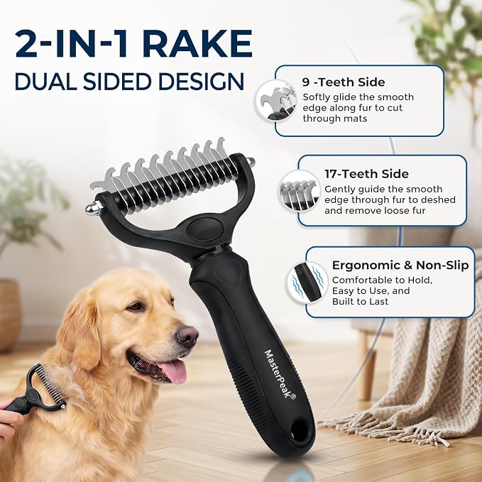 3-in-1 Pet Grooming Kit Rake Metal Comb & Bath Brush Black | Double-Sided Dematting Undercoat Rake, Deshedding Metal Comb, Bath Brush For Dogs and Cats