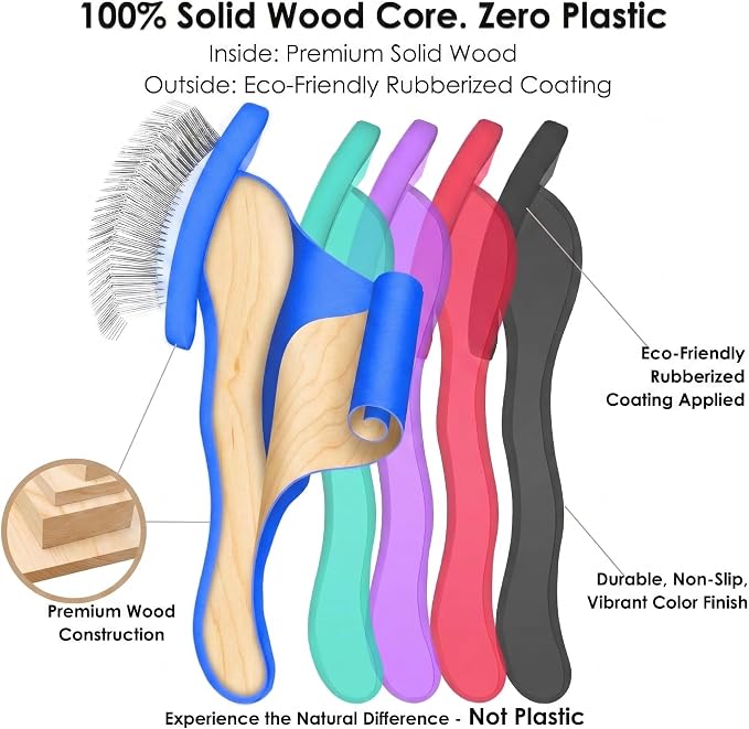 Wooden Long Pin Slicker Brush for Large Dog, Poodles & Doodles Long Hair | Grooming, Fluff & Detangle Heavy Dense Wavy Curly Coats to Easily Prevent Severe Hair Matting During Shedding Seasons