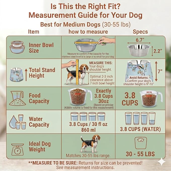 Ceramic Dog Bowl 7 inch Height for (30-55lbs) Medium Size Dogs Includes Food-Grade 304 Stainless Steel Bowls Non-Slip 3.8 Cups(860ml) Bowl Feeder in an Artful and Design(Blue)
