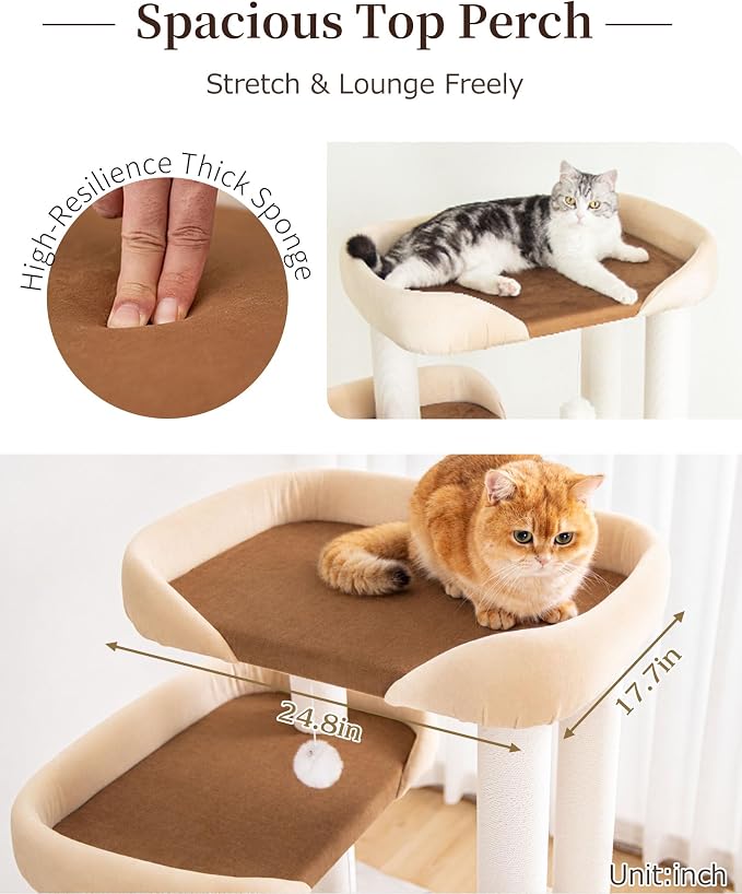 53'' Cat Tree for Large Cat, Modern Senior Friendly Cat Tower with Wide Shelves Low Step, Cotton Scratching Posts, Super Sturdy Base, Cozy Perches, and Interactive Toys (White)