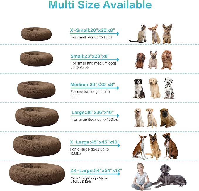 SAVFOX 23 inches Calming Donut Dog Bed - 3X Durable Plush Faux Fur, Machine Washable & Non-Slip, Fits up to 25 lbs, Brown