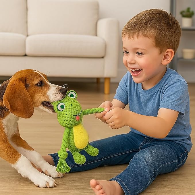 Cotton Rope Squeaky Dog Toy with Crinkle Paper – Interactive Plush Chew Toy for Small & Medium Puppies, Frog Design