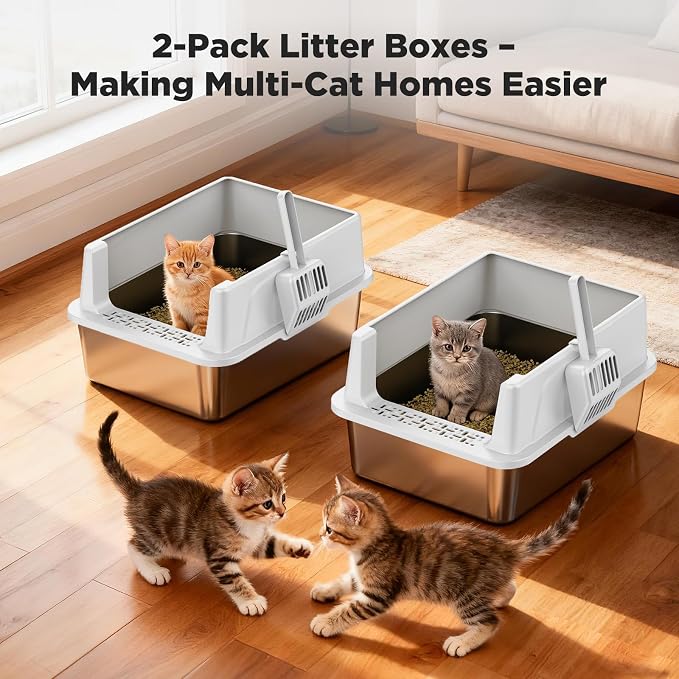 FURTIME 2 Pack Stainless Steel Cat Litter Box with Lid, Metal Kitty Litter Box for Small Cats, Kitten Litter Boxs with Non-Sticky, Anti-Leakage, Easy to Clean, 17"x13"x8.4" (Small)
