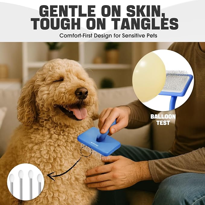 Bonteck Dog Slicker Brush for Dogs Grooming Kit 5PCS | Large Dog Brush for Goldendoodles Poodles Doodles | Long Pin Haired Brush | Poodle Brushes and Comb (Blue)