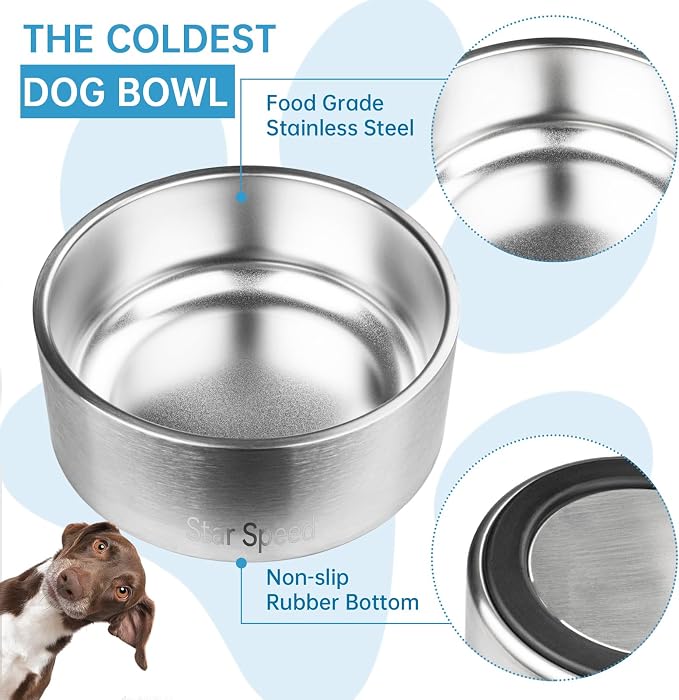 StarSpeed Stainless Steel Dog Bowl. Dog Water Bowls for Large Dogs with Rubber Bottom, Drop Resistant and Durable, Keeps Cold, Holds 8 Cups of Water, Fits Different Size Dog Bowls. (64oz, Silver)