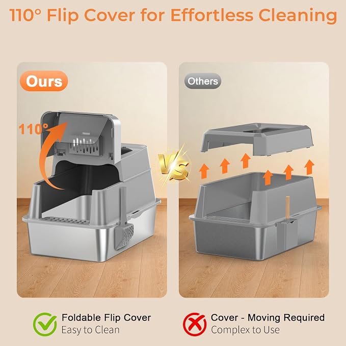 URPOWER Stainless Steel Cat Litter Box with 110° Flip-Top Lid, XL Enclosed Metal Litter Box for Large Cats, Odor Control, Anti-Urine Leakage, Non-Stick Pan, Front Entry Top Exit, Scoop & Mat Included