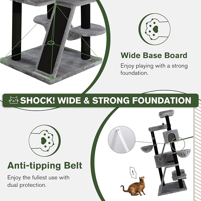 MUTICOR 66 Inches Multi-Level Large Cat Tree Tower for Indoor Big Feline/Cozy Plush Perches/Condo/Sisal Scratching Posts/Hammock and Baskets/Activity Center Play House/Wide Base/Black & Grey