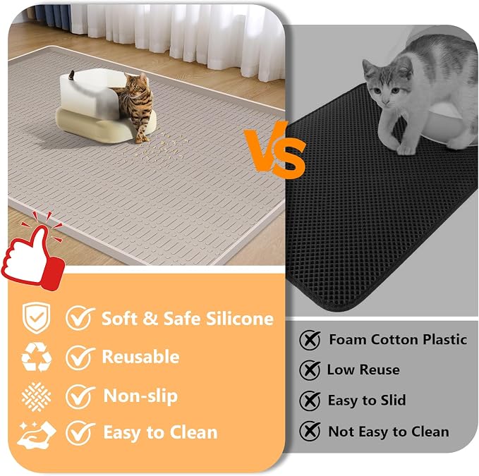 Silicone Cat Litter Mat 47" x 35" Cat Mat for Litter Box, Khaki | Extra Large Cat Litter Trapping Mat for Floor, Waterproof, Non-Slip Kitty Litter Box Mat with Raised Edge, Easy to Clean