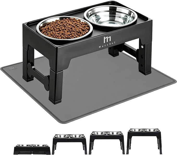 Marchul Elevated Dog Bowls, Raised Dog Food Water Bowls with 2 Thick Stainless Steel Bowls, 4 Height Adjustable, Non-Slip Stand for Medium Large Dogs (with Mat)