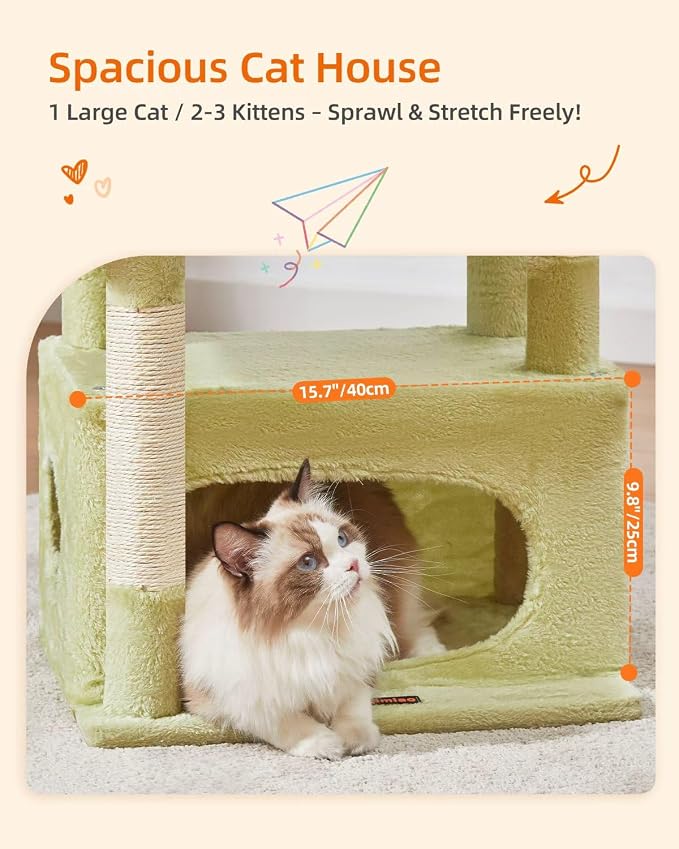 Taoqimiao Cat Tree, 38.5In Cat Tower for Indoor Cats, Suitable for Kittens | Thick Padded Top Perch, Luxurious Cat Condo, Adjustable Basket, 1-Piece Ramp Scratcher, 3 Sisal Posts, Green & Beige MS029SGB