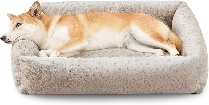 JOEJOY Large Dog Beds Large Sized Dog, Removable Washable Cover Orthopedic Soft Faux Rabbit Fur Pet Bed, Anti-Slip Fluffy Plush Faux Rabbit Fur Puppy Bed, 36"x27"x8", Leopard Print, Beige