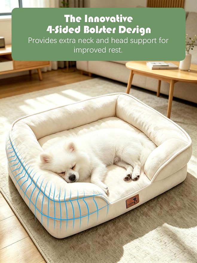 Spotted Play Orthopedic Dog Bed with Sides - Sofa Beds for Small Dogs, Supportive Foam Pet Couch Bed with Washable Removable Cover, Waterproof Lining and Non-Slip Bottom, Ivory - S