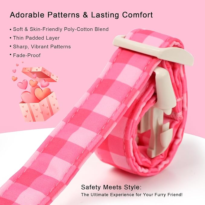 Girl Dog Collar for Medium Dogs - Cute Pink Plaid Puppy Collar, Soft Adjustable Spring Summer Female Dog Collars with Quick Release Buckle M