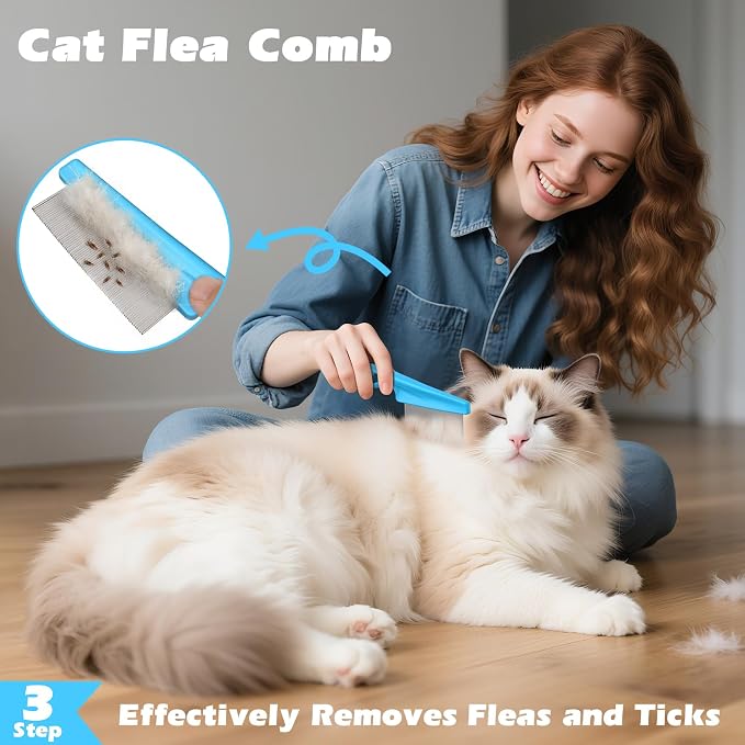 3PCS Cat Grooming Supplies, Cat Brush & Nail Clipper/Trimmer & Flea Comb for Shedding Indoor Cats Essentials Stuff Accessories (Blue)