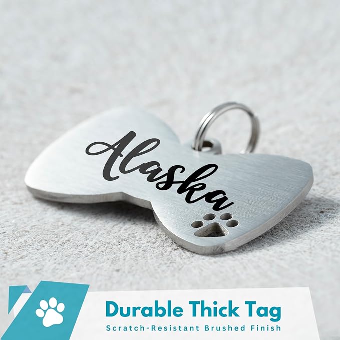 Ultra Joys Dog Tags Personalized for Pets - Hollow Paw Custom Pet ID Tag - Engraved Dog Tag for Small, Large Dogs - Small Bow Tie in Silver