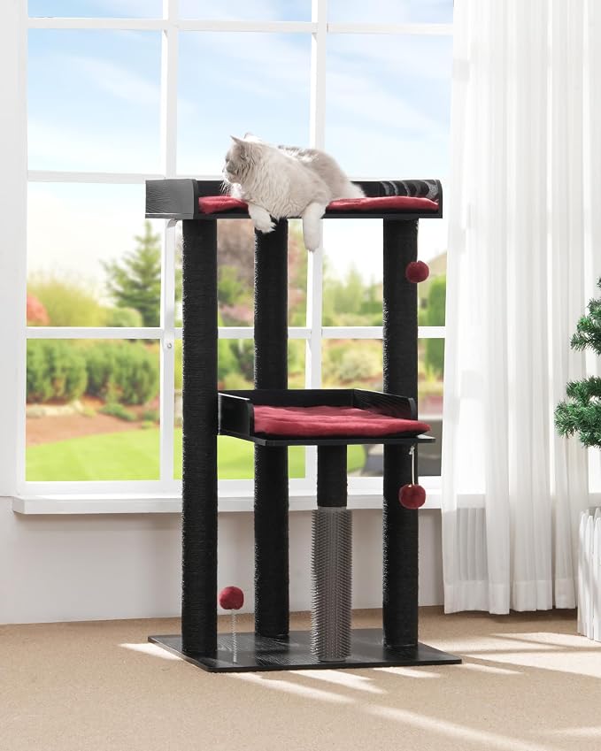 43.7" Modern Cat Tree, Cat Tower for Large Cats, Wood Cat Tree | Maine Coon Cat Tree, Cat Tower with Scratching Post, Large Perch and Removable Pads, Black&Red