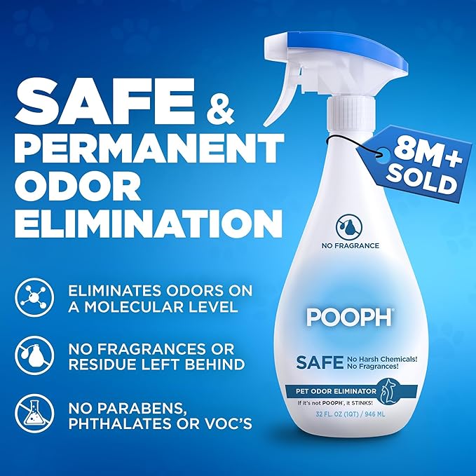 POOPH Pet Odor Eliminator Spray, 32 fl oz | Unscented pet odor eliminator spray for home surfaces, upholstery, furniture, and vehicles