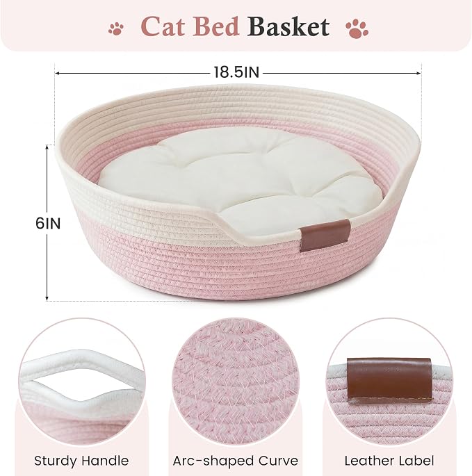YOUDENOVA Cat Bed Basket with Removable Cushion,Stimulicat Handwoven Cat&Dog Basket,Cat Beds for Indoor Cats Couch, Kitten Bed for Medium and Large Cat, All Season Universal