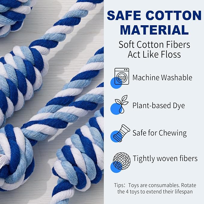 Dog Rope Toys 4 Pack for Small Dogs & Puppies - Cotton Knot Teething Chew Dog Toy, Interactive Tug of War Set for Boredom Relief, Teeth Cleaning, Indoor/Outdoor Play - Blue