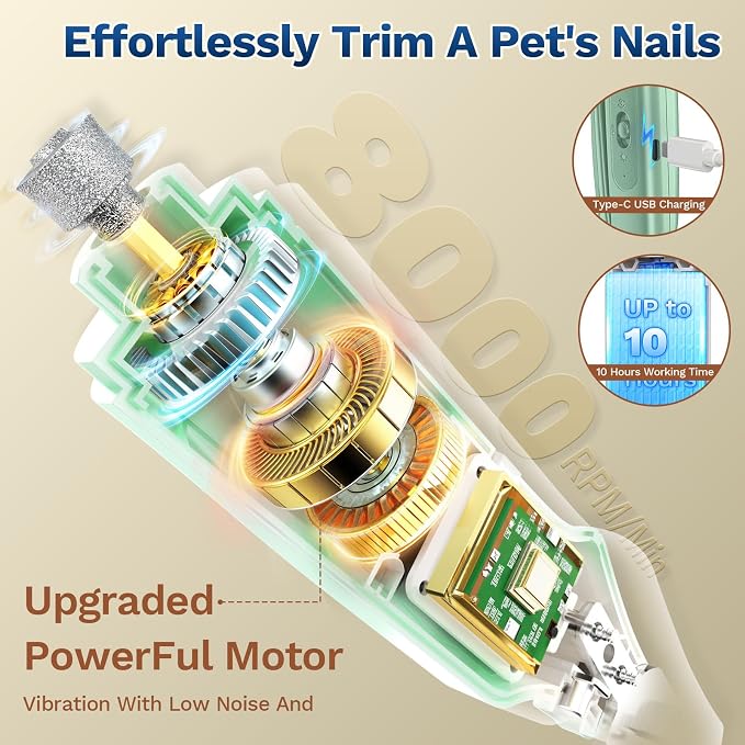 2-in-1 Dog & Cat Nail Clipper with Grinder, LED Light Rechargeable Grooming | Catpick care Type-c Cordless Nail Cutter, Safety Lock & Catcher, Stainless Blade Trimmer for Small Medium Large Pets, Green