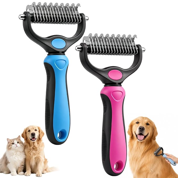 Deshedding Brush for Dogs and Cats,Undercoat Rake Pet Brush for Long Hair,Professional Deshedding Tool, Ideal For Medium Or Long Haired BreedsGrooming Tool for Thick Coats (Blue+Pink)
