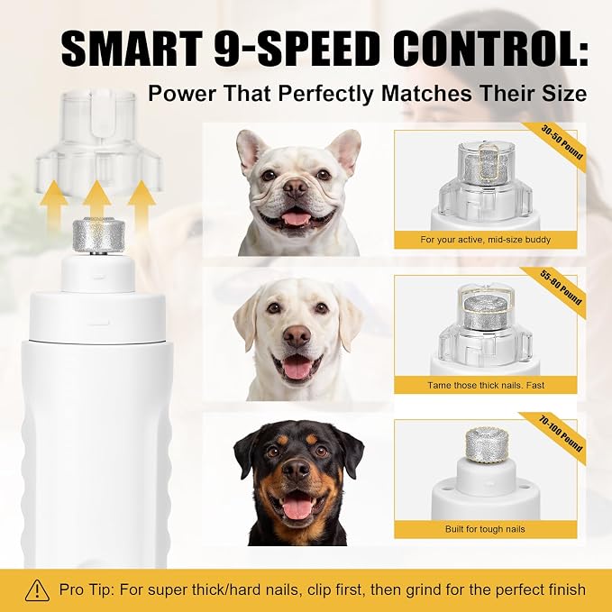 Quiet Dog Nail Grinder Clippers, 9-Speed Pet Nail Trimmer with LED | Low noise, Safety sensor guard, 2 LED lights, USB rechargeable, Professional grooming, Sensitive paws, Dogs cats all breeds