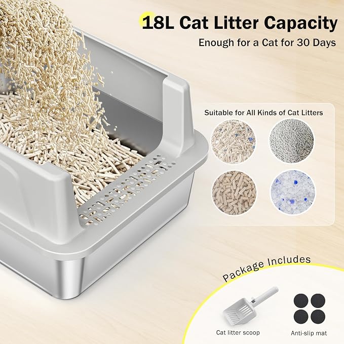 Stainless Steel Cat Litter Box with Lid, High-Sided Metal Litter Pan for Small Cats, Kitty Litter Box, Non-Stick & Odor-Resistant, Anti-Urine Leakage, Easy to Clean, Scoop Included