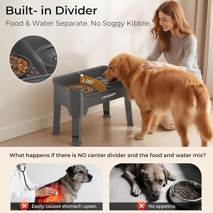 URPOWER Mess Proof Elevated Dog Bowls 4 Height Adjustable Raised Stand with No Spill Water Bowl and Slow Feeder Dog Bowls Non-Slip Food and Water Bowl Set for Small, Medium & Large Dogs