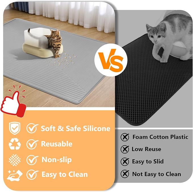 Silicone Cat Litter Mat 50" x 36" Cat Mat for Litter Box, Light Grey | Extra Large Cat Litter Trapping Mat for Floor, Waterproof, Non-Slip Kitty Litter Box Mat with Raised Edge, Easy to Clean